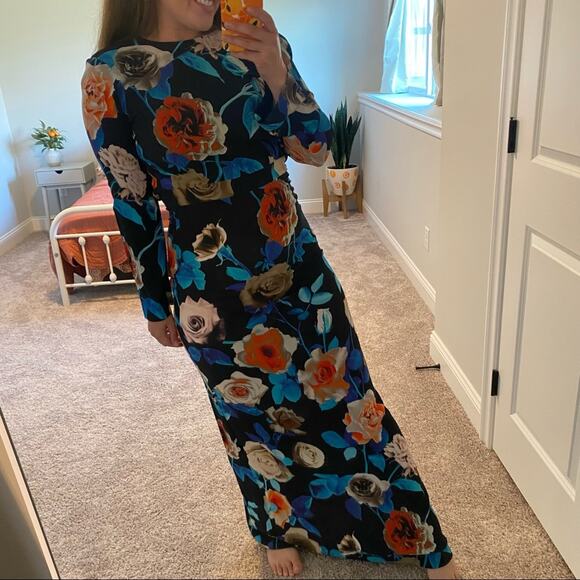 MSGM Milano Blue Red Black Rose Floral Long Sleeve Maxi Gown Dress XS - Picture 8 of 16